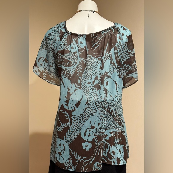 Lane Bryant Blue & Brown Sheer Floral Leave Print Square Neckline SZ  22…No Belt - Picture 6 of 13